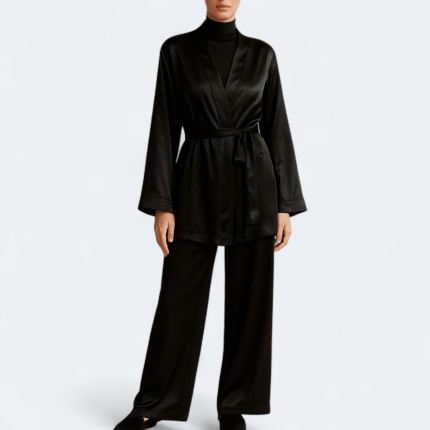 ست ربدوشامبر و شلوار ساتن مشکی کلاسیک سایز 32 تا 62 (رنگبندی موجود) رویداسما roydasma سایز بزرگ موجود