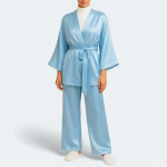 ست ربدوشامبر و شلوار ساتن کلاسیک آبی روشن سایز 32 تا 62 (رنگبندی موجود) رویداسما roydasma سایز بزرگ موجود