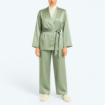 ست ربدوشامبر و شلوار ساتن کلاسیک سبز یشمی سایز 32 تا 62 (رنگبندی موجود) رویداسما roydasma سایز بزرگ موجود