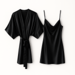 ست پیراهن بندی و ربدوشامبر ساتن مشکی سایز 32 تا 62 (رنگبندی موجود) رویداسما roydasma سایز بزرگ موجود