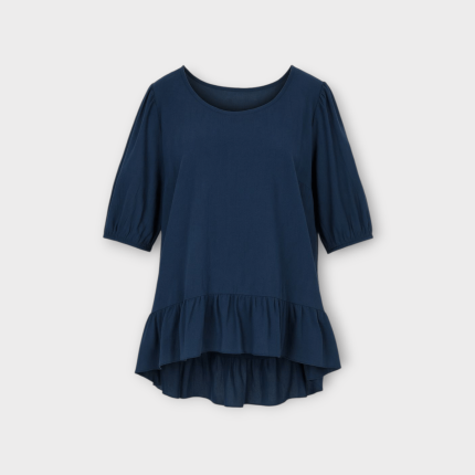 شومیز پشت بلند رافل دار آستین کوتاه نخی ابروبادی آبی نفتی سایز 32 تا 62 (رنگبندی موجود) رویداسما roydasma سایز بزرگ موجود