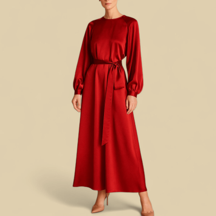 پیراهن مجلسی پوشیده ساتن قرمز سایز 32 تا 62 (رنگبندی موجود) رویداسما roydasma سایز بزرگ موجود