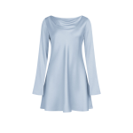 پیراهن یقه شل کوتاه آستین بلند ساتن آبی روشن قد 80cm سایز 32 تا 62 (رنگبندی موجود) رویداسما roydasma سایز بزرگ موجود