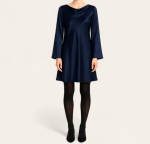 پیراهن یقه شل کوتاه آستین بلند ساتن آبی نفتی قد 80cm سایز 32 تا 62 (رنگبندی موجود) رویداسما roydasma سایز بزرگ موجود