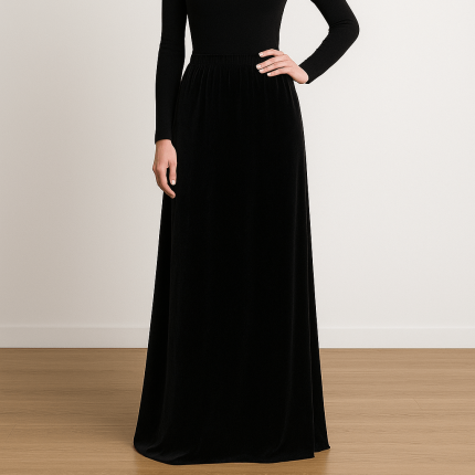 دامن بلند کمرکش مخمل مشکی ای لاین سایز 32 تا 62 قد 100cm (رنگبندی موجود) رویداسما roydasma سایز بزرگ موجود