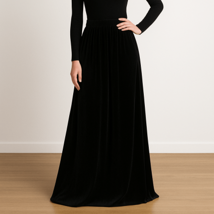 دامن بلند کمرکش مخمل مشکی ای لاین سایز 32 تا 62 قد 100cm (رنگبندی موجود) رویداسما roydasma سایز بزرگ موجود