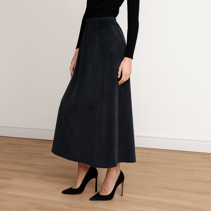 دامن بلند کمرکش مخمل مشکی ای لاین سایز 32 تا 62 قد 90cm (رنگبندی موجود) رویداسما roydasma سایز بزرگ موجود