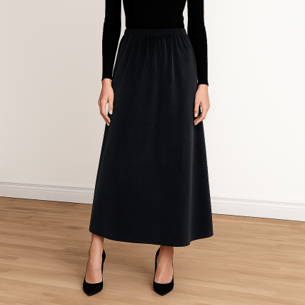 دامن بلند کمرکش مخمل مشکی ای لاین سایز 32 تا 62 قد 90cm (رنگبندی موجود) رویداسما roydasma سایز بزرگ موجود