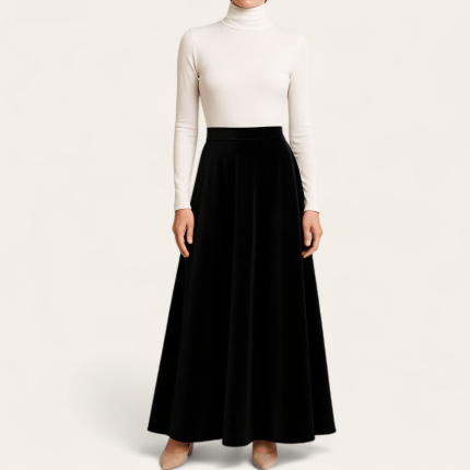 دامن مخمل بلند پشت کش نیم کلوش مشکی سایز 32 تا 62 قد 100cm(رنگبندی موجود) رویداسما roydasma سایز بزرگ موجود