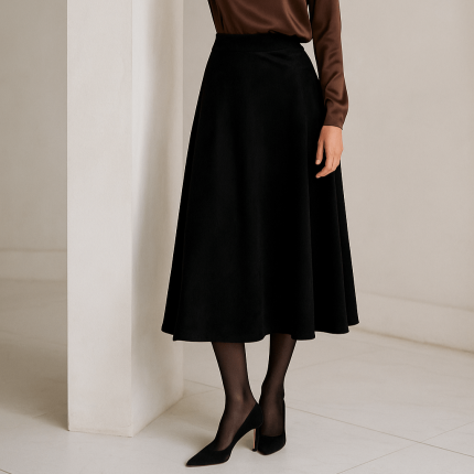 دامن مخمل میدی پشت کش نیم کلوش مشکی سایز 32 تا 62 (رنگبندی موجود) رویداسما roydasma سایز بزرگ موجود