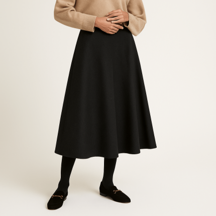 دامن میدی نیم کلوش پشت کش دورس مشکی پاییزه زمستانه سایز 32 تا 62 قد 80cm سایز بزرگ موجود رویداسما roydasma