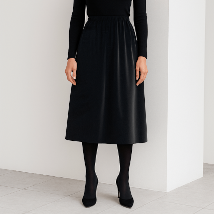 دامن میدی کمرکش مخمل مشکی ای لاین سایز 32 تا 62 قد 70cm (رنگبندی موجود) رویداسما roydasma سایز بزرگ موجود