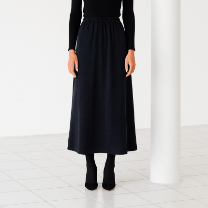 دامن میدی کمرکش مخمل مشکی ای لاین سایز 32 تا 62 قد 80cm (رنگبندی موجود) رویداسما roydasma سایز بزرگ موجود