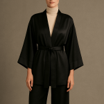 ربدوشامبر کوتاه کیمونو ساتن مشکی سایز 32 تا 62 (رنگبندی موجود) رویداسما roydasma سایز بزرگ موجود