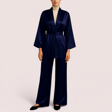 ست ربدوشامبر و شلوار راحتی ساتن مشکی سایز 32 تا 62 (رنگبندی موجود) رویداسما roydasma سایز بزرگ موجود