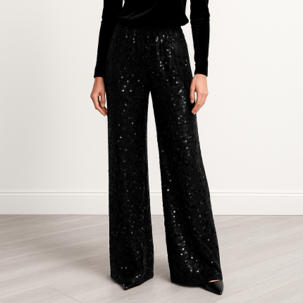 شلوار بگ کمرکش مخمل پولکی پشت کش مشکی قد 100cm سایز 32 تا 62 (رنگبندی موجود) رویداسما roydasma سایز بزرگ موجود