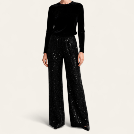 شلوار بگ کمرکش مخمل پولکی مشکی سایز 32 تا 62 (رنگبندی موجود) رویداسما roydasma سایز بزرگ موجود