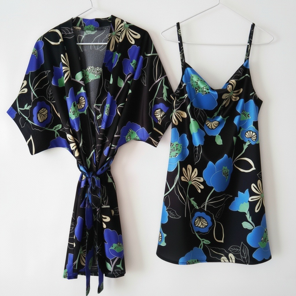 ست پیراهن بندی و ربدوشامبر ساتن گل بنفش سایز 32 تا 62 ست پیراهن بندی و ربدوشامبر ساتن گل بنفش سایز 32 تا 62