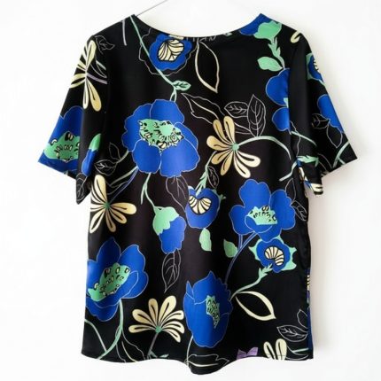 بلوز آستین کوتاه گل شقایق بنفش ساتن سایز 32 تا 62