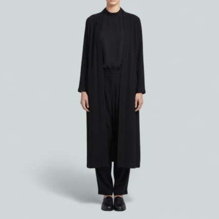 مانتو آستین رگلان مشکی جلوباز سایز 32 تا 62 رویداسما roydasma سایز بزرگ موجود