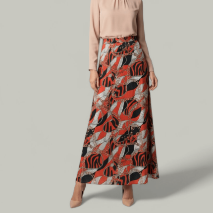 دامن بلند طرح زنجیر با زمینه قرمز ای لاین پشت کش کرپ نخ قد 100cm سایز 32 تا 62 رویداسما roydasma سایز بزرگ موجود