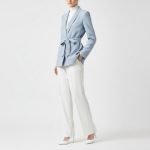 کت مانتویی مجلسی آستردار یقه آرشال کمربنددار آبی روشن کرپ سایز 32 تا 62 (رنگبندی موجود) رویداسما roydasma سایز بزرگ موجود