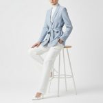 کت مانتویی مجلسی آستردار یقه آرشال کمربنددار آبی روشن کرپ سایز 32 تا 62 (رنگبندی موجود) رویداسما roydasma سایز بزرگ موجود