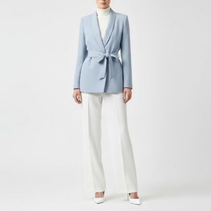 کت مانتویی مجلسی آستردار یقه آرشال کمربنددار آبی روشن کرپ سایز 32 تا 62 (رنگبندی موجود) رویداسما roydasma سایز بزرگ موجود