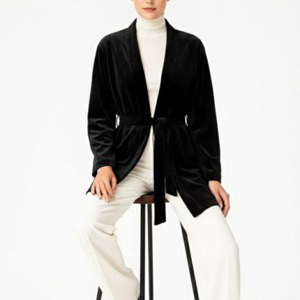 کاردیگان مخمل یقه برگردان مشکی قد 75cm سایز 32 تا 62 (رنگبندی موجود) رویداسما roydasma سایز بزرگ موجود