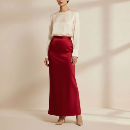 دامن مجلسی راسته بلند قرمز ساتن سایز 32 تا 62 (رنگبندی موجود) رویداسما roydasma سایز بزرگ موجود