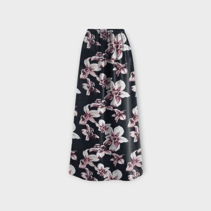 دامن بلند ای لاین کمرکش گل لیلیوم با زمینه مشکی کرپ نخ پفکی قد 90cm سایز 32 تا 62 رویداسما roydasma سایز بزرگ موجود