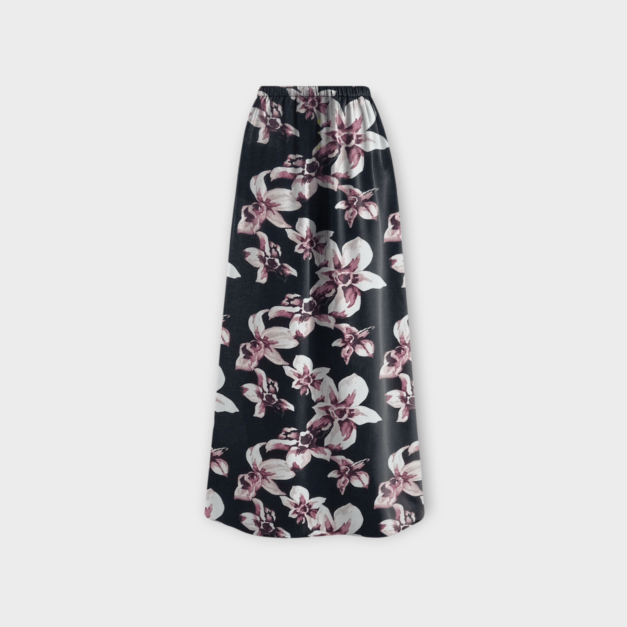 دامن بلند ای لاین کمرکش گل لیلیوم با زمینه مشکی کرپ نخ پفکی قد 90cm سایز 32 تا 62 رویداسما roydasma سایز بزرگ موجود