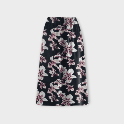 دامن میدی ای لاین کمرکش گل لیلیوم با زمینه مشکی کرپ نخ پفکی قد 80cm سایز 32 تا 62 رویداسما roydasma سایز بزرگ موجود