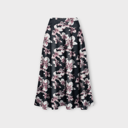 دامن میدی نیم کلوش پشت کش گل لیلیوم با زمینه مشکی کرپ نخ پفکی قد 80cm سایز 32 تا 62 رویداسما roydasma سایز بزرگ موجود