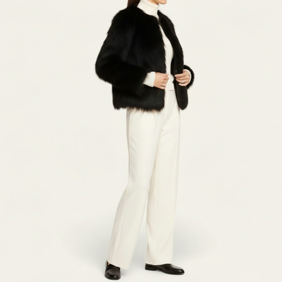 کت خز پرزبلند یقه گرد مشکی قد 60cm سایز 32 تا 62 (رنگبندی موجود) رویداسما roydasma سایز بزرگ موجود